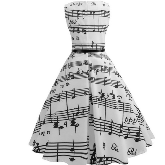 Retro Musical Print A-Line Party Flare Swing Sleeveless Black and White Dress - Picture 5 of 8